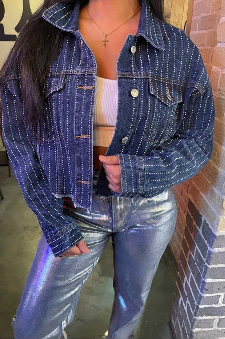 Veste courte effiloché en jean strass bleu - vue resto détails
