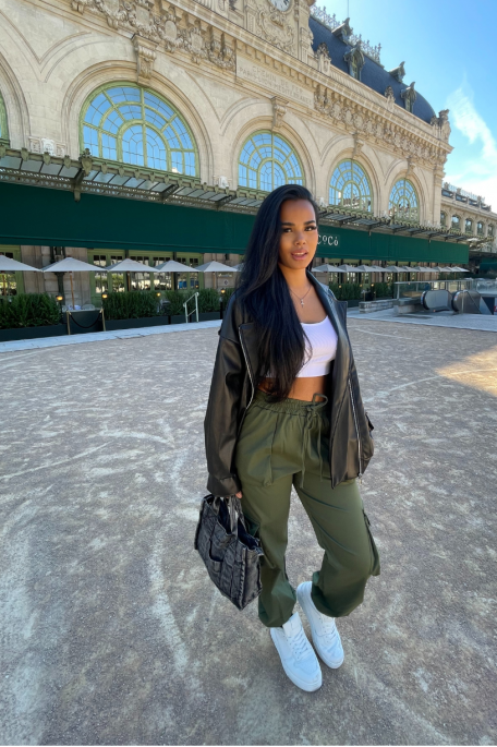 Khaki elastic waist cargo pants