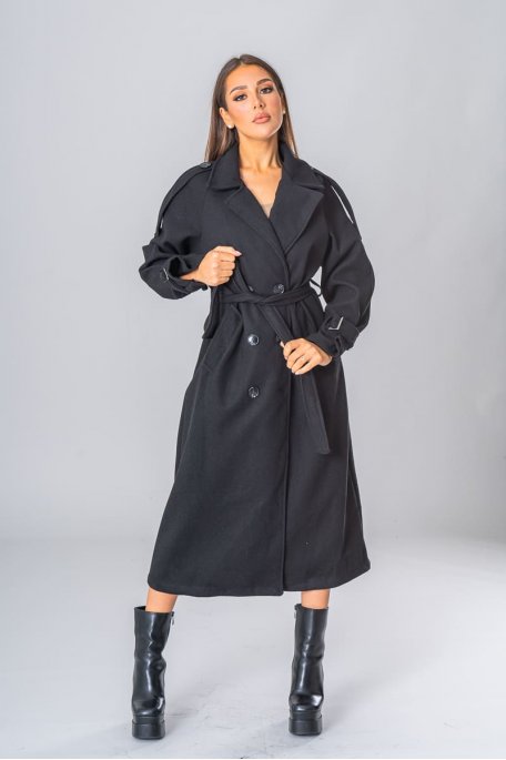 Belted long coat with black button fastening