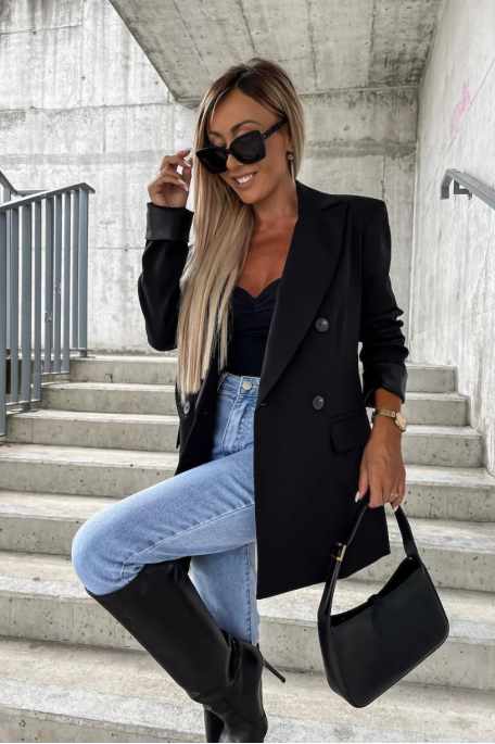 Blazer bi-matière simili coloris noir - vue face