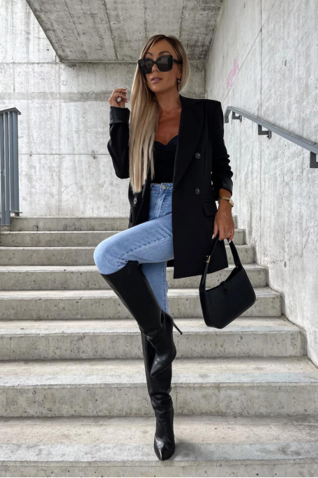 Blazer bi-matière simili coloris noir - vue portée