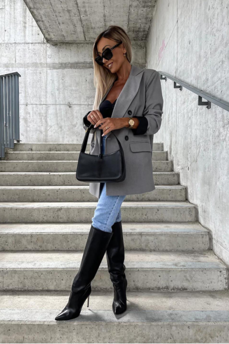 Blazer coloris gris en bi-matière simili cuir et croisé sur le devant - vue profil