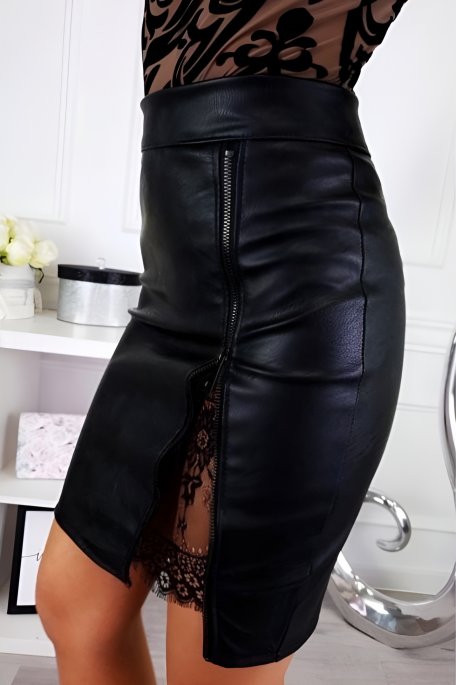 Faux leather black lace zip skirt