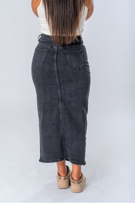 Jupe en jean coloris noir délavé longue et fendue - Vue dos