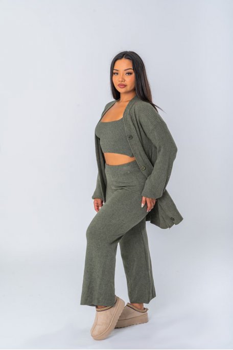 Ensemble kaki en maille 3 pièces gilet boutonné top et pantalon - vue profil