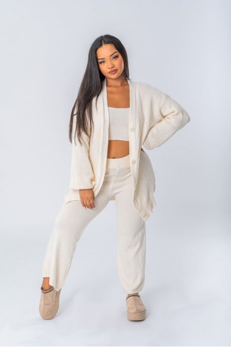 3-piece set with buttoned cardigan top and beige knit pants