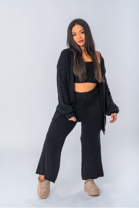 Ensemble en maille noir 3 pièces gilet top pantalon - vue face