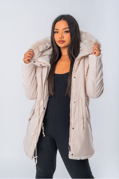 Beige reversible faux fur hooded parka