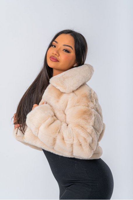 Veste beige coupe crop à fausse fourrure - vue côté