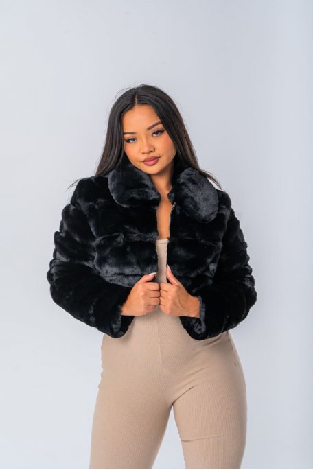 Black faux fur crop jacket