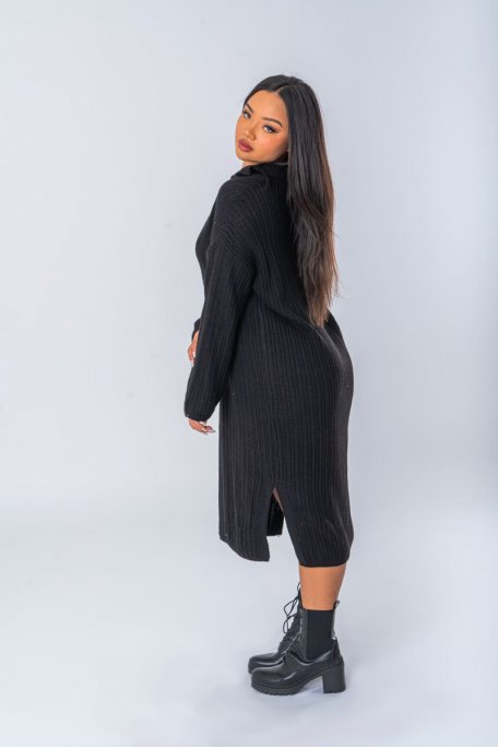 Robe longue en maille col polo coloris noir - vue profil