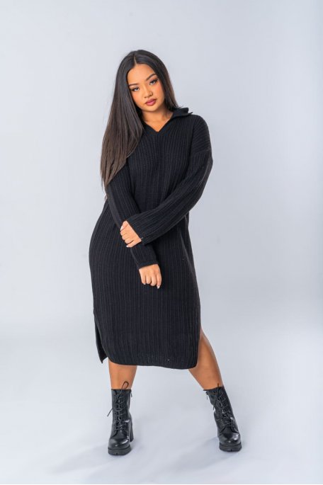 Robe longue en maille col polo coloris noir - vue full look