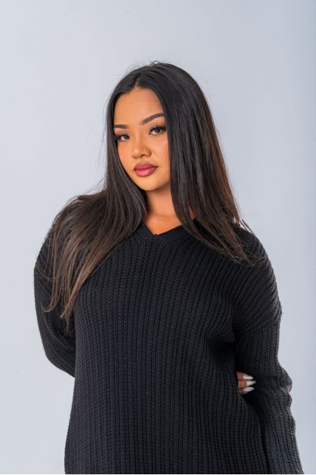 Robe longue en maille col polo coloris noir - vue zoom face