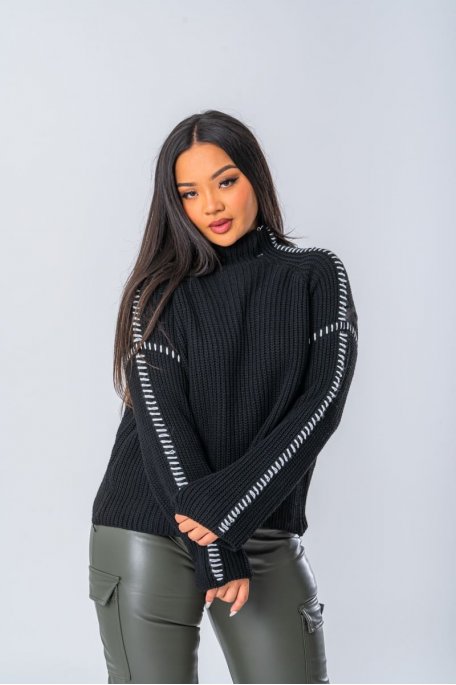 High-neck sweater with black crochet edges