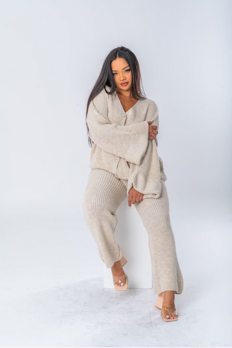 Beige knitted cardigan-trousers set