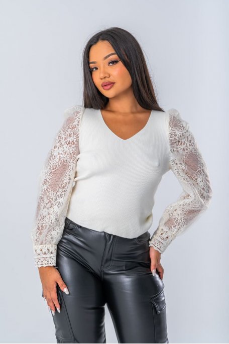 Off white lace top with puffed sleeves