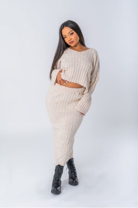Beige knit sweater-skirt set