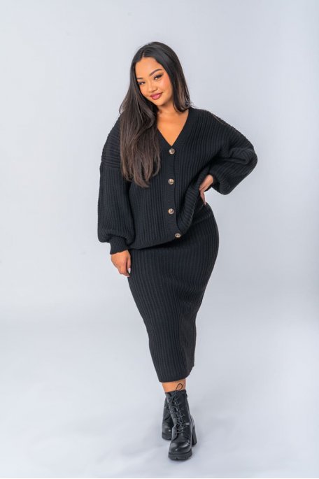 Black knit cardigan-skirt set
