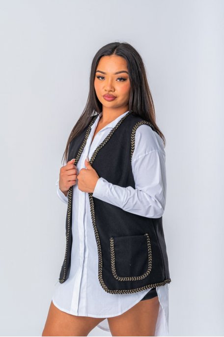Veste coloris noir sans manches à bordure tressée contrastante - vue face