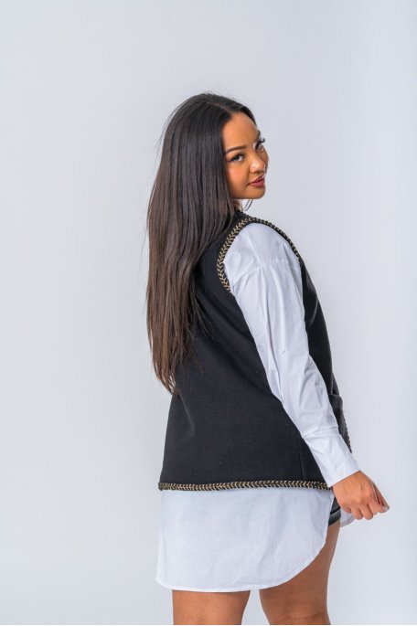 Veste coloris noir sans manches à bordure tressée contrastante - vue profil