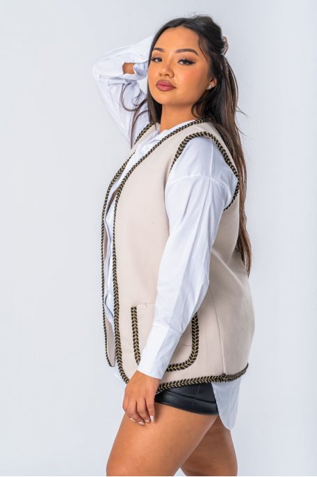 Veste coloris beige sans manches à bordure tressée contrastante - vue profil