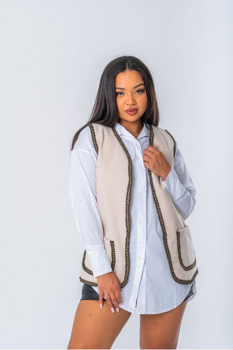 Veste coloris beige sans manches à bordure tressée contrastante - vue face