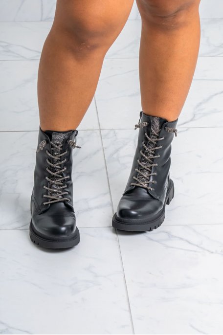 Faux leather ankle boots with black rhinestone tongue