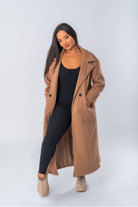 Manteau longue coloris camel à manches retroussables - vue face full look