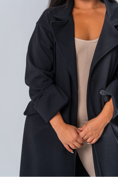 Manteau long coloris noir à manches retroussables - vue zoom détails