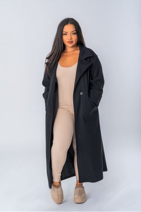 Manteau long coloris noir à manches retroussables - vue face