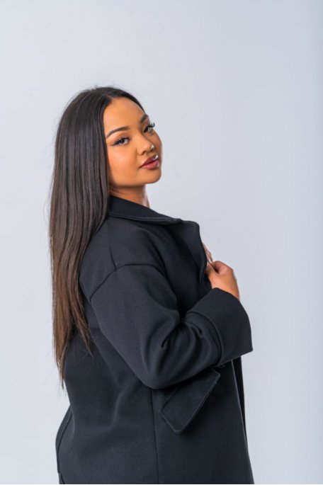 Manteau long coloris noir à manches retroussables - vue profil zoom
