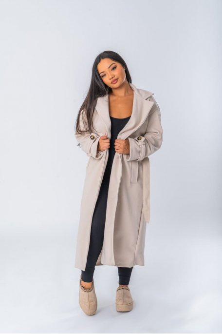 Belted long coat with classic beige collar