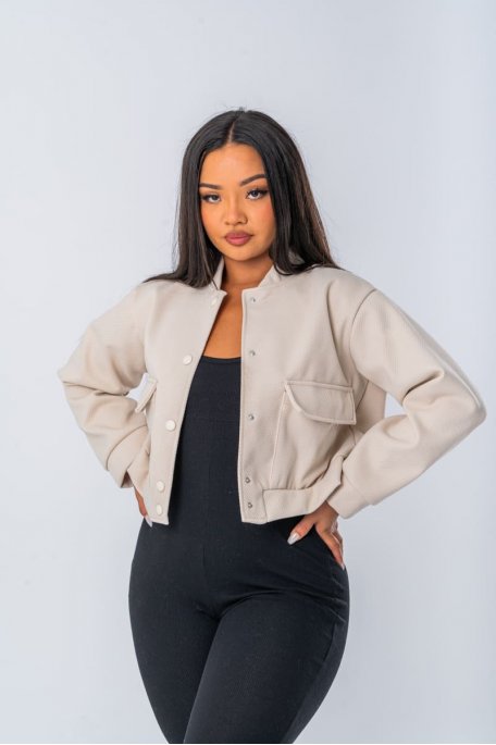 Blouson aviateur coupe courte à poches rabats coloris beige - vue face détails