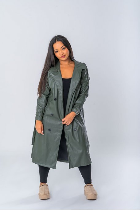 Khaki faux-leather long trench coat