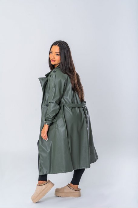 Trench coat coupe longue en simili cuir coloris kaki - vue profil