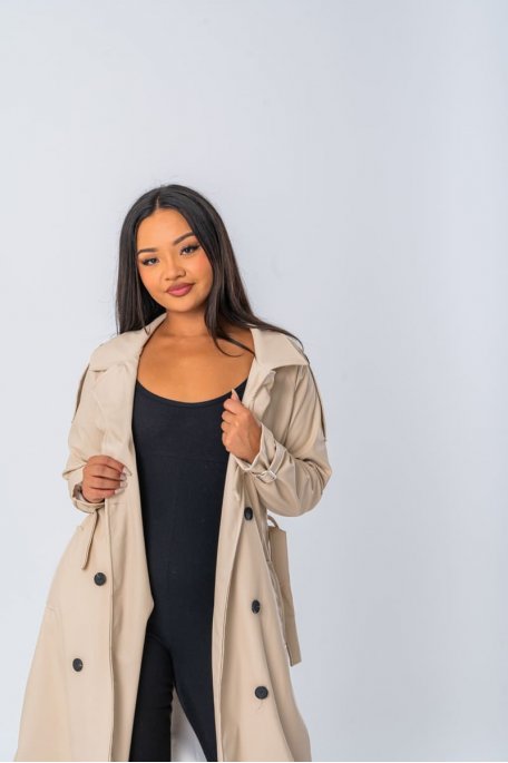 Beige faux-leather long trench coat