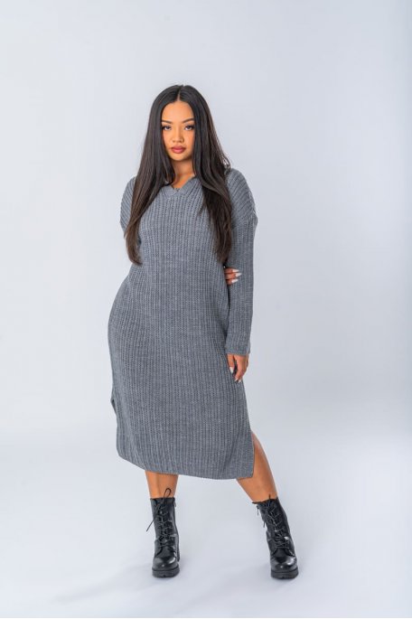 Grey polo-neck long sweater dress