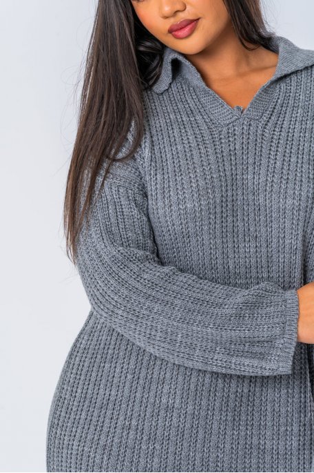 Robe pull en maille longue à col polo coloris gris - vue détails