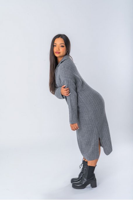 Robe pull en maille longue à col polo coloris gris - vue profil