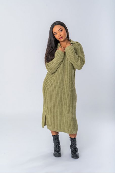Robe pull en maille coloris vert à col polo - vue face full
