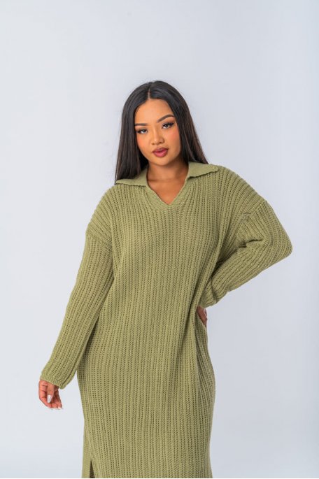 Robe pull en maille coloris vert à col polo - vue face