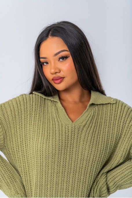 Robe pull en maille coloris vert à col polo - vue détails