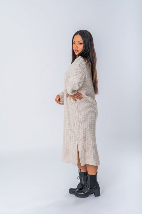 Robe longue en maille coloris beige à col polo - vue profil