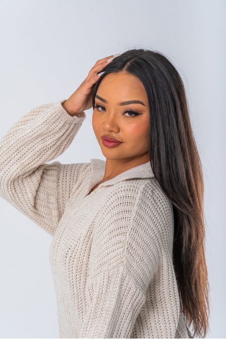 Robe longue en maille coloris beige à col polo - vue face zoom