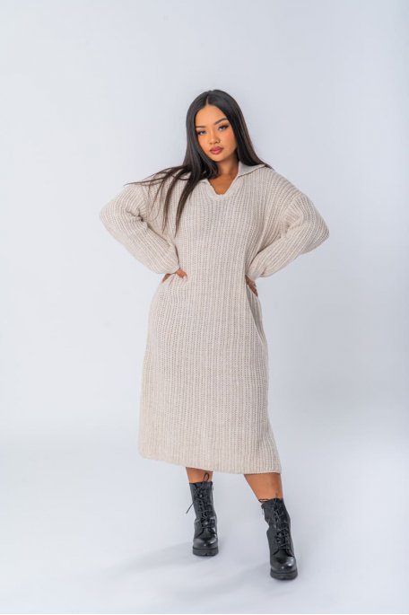 Robe longue en maille coloris beige à col polo - vue face full
