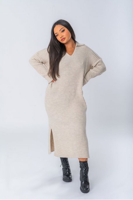 Beige rib-knit sweater dress