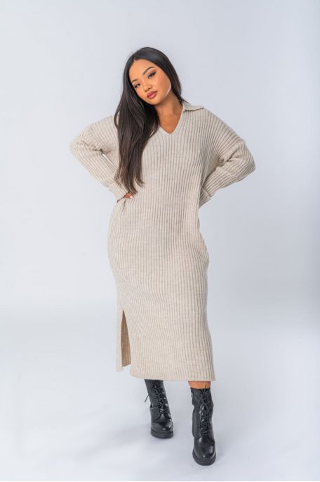 Pulloverkleid Rippstrick beige