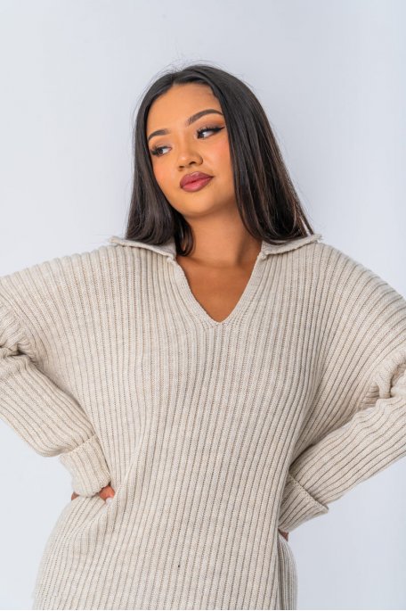 Robe pull en maille coloris beige - vue face face zoom
