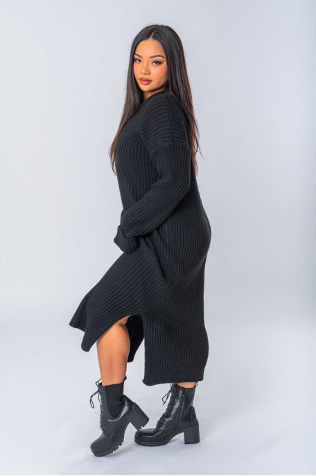 Robe pull en maille noir côtelée - vue profil