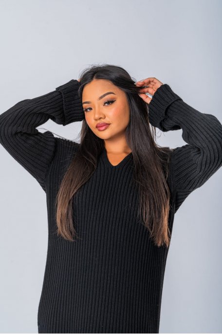 Robe pull en maille noir côtelée - vue détails